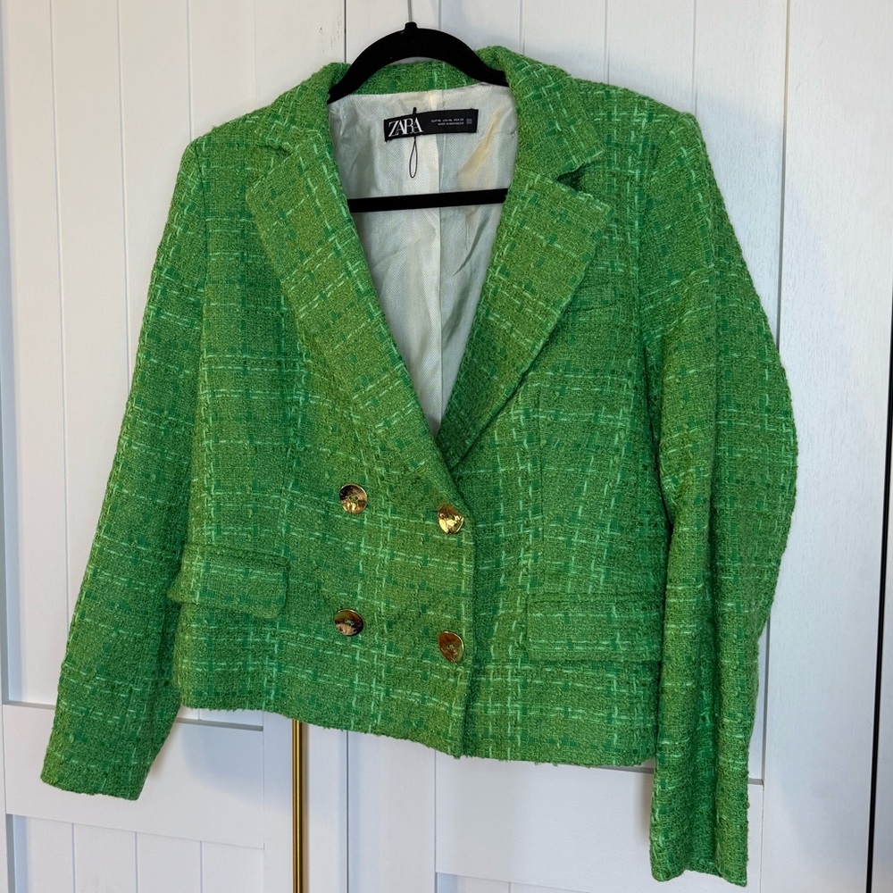 Nwot Zara Vibrant Green Tweed Blazer